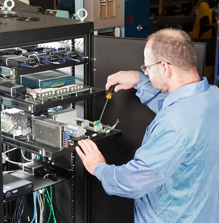 A closeup of box build assembly